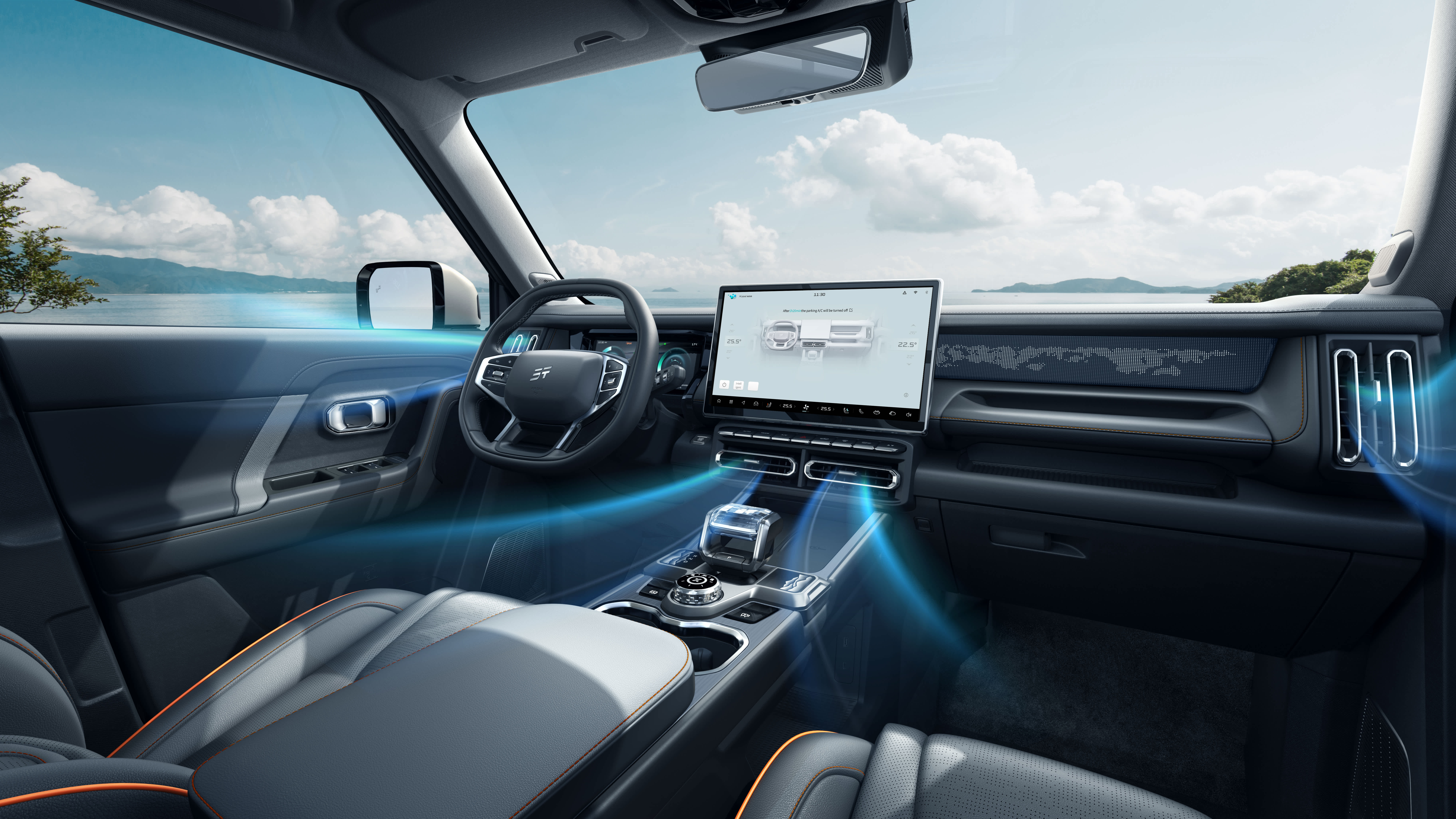 Jetour T1 i-DM interior with touchscreen display and ocean view background