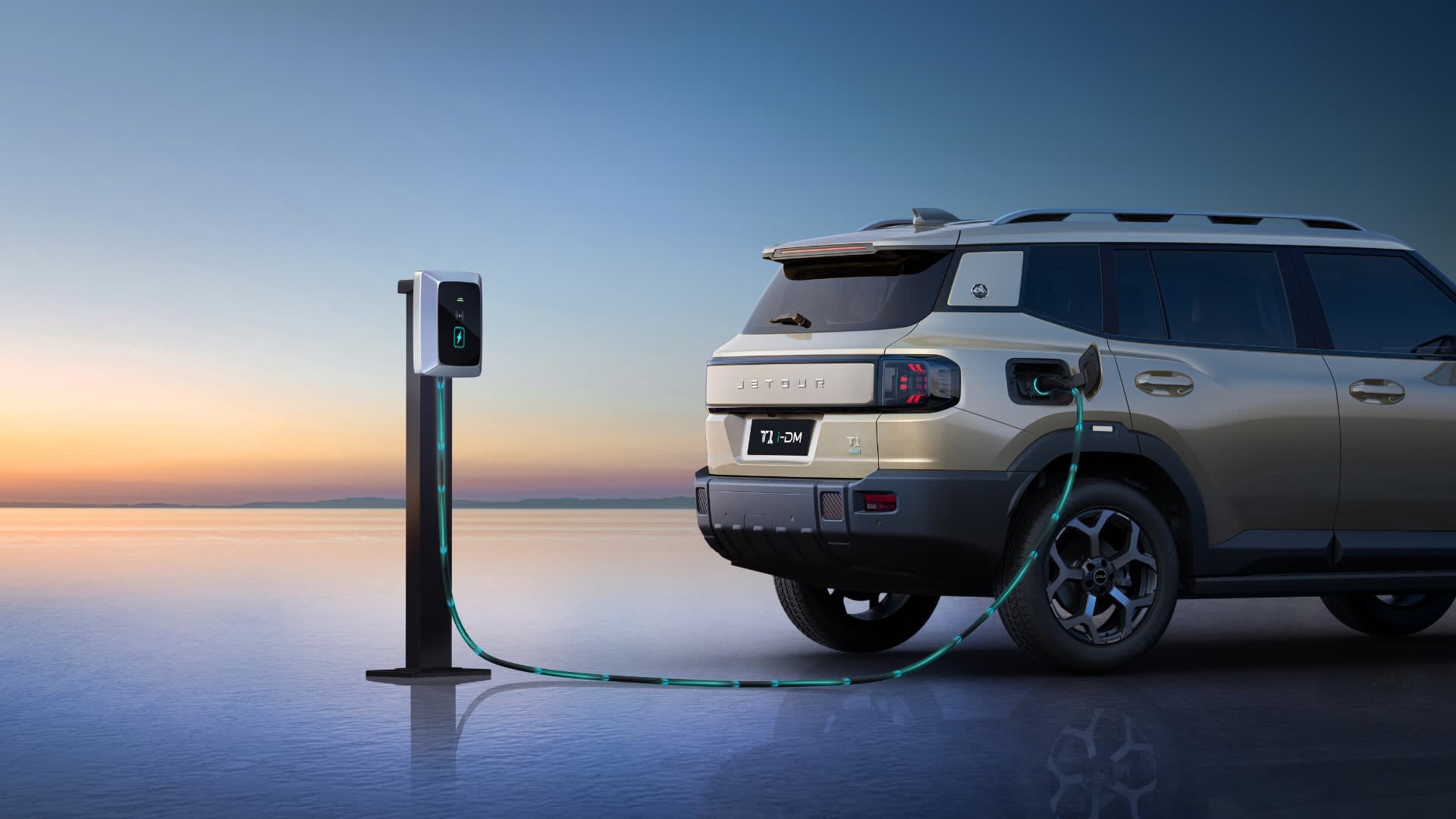 Jetour T1 i-DM plug-in hybrid SUV connected to charger